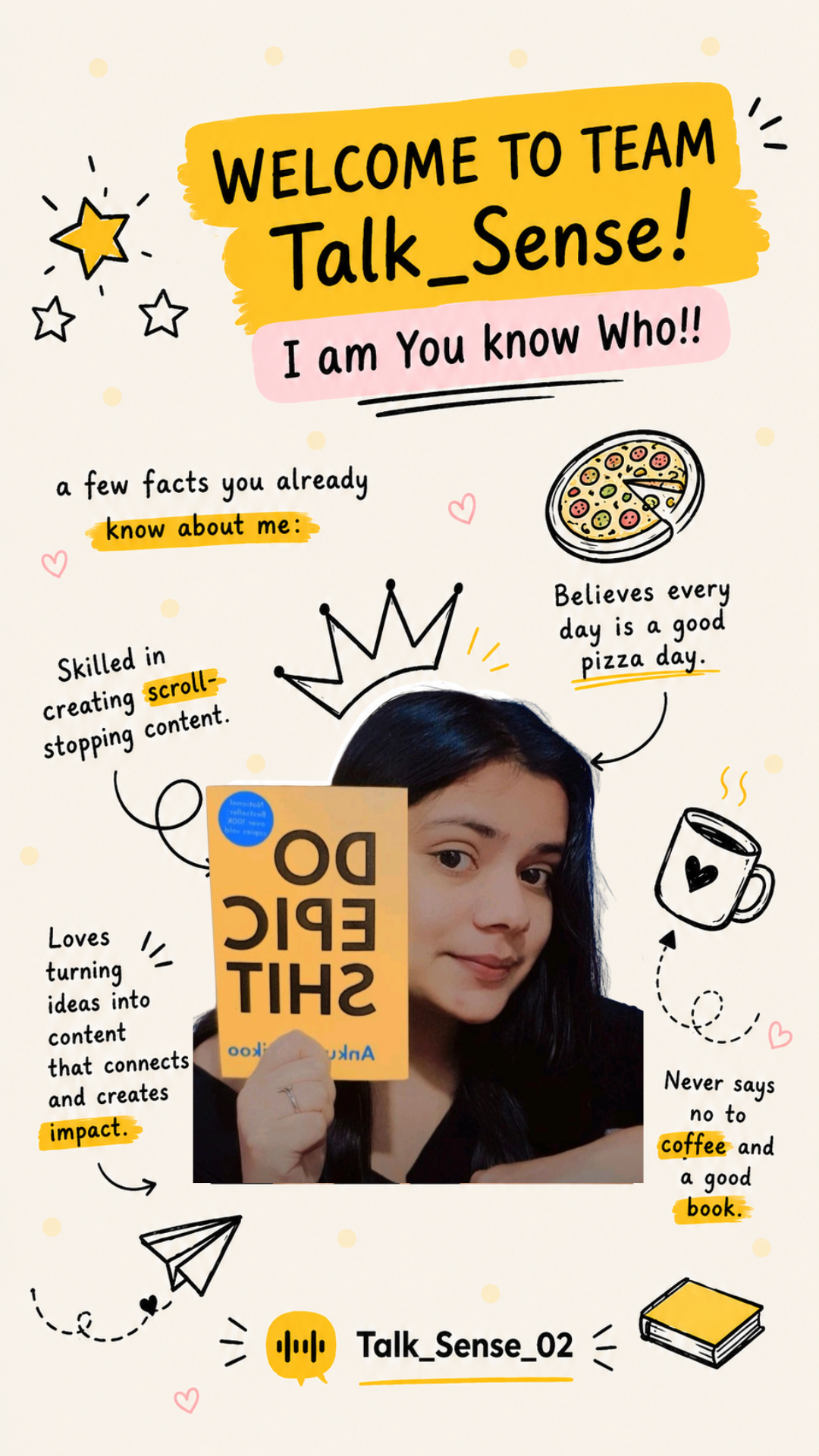 Shivani, founder of TalkSense02, holding a book among hand-drawn doodles